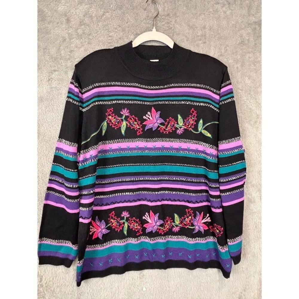 Vintage Alfred Dunner Womens XL Black Stripe Floral Embroider Mock Neck Sweater